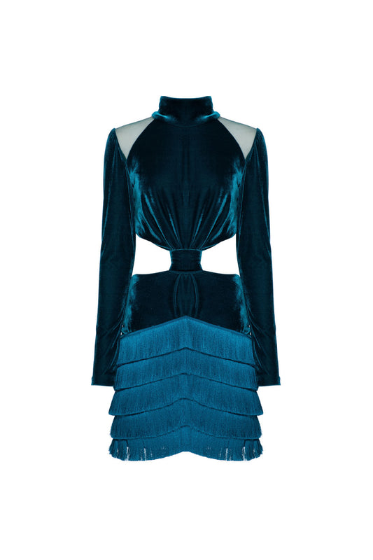 VESTIDO CURTO FRANJAS VELUDO EVE AZUL
