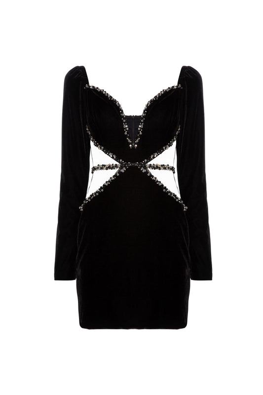 Vestido curto recortes bordado veludo eve preto