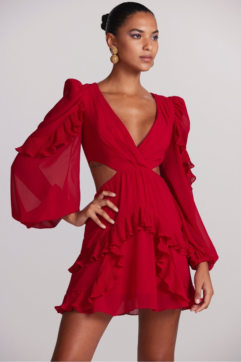 VESTIDO CURTO RECORTES CHIFFON MIDNIGHT VINHO