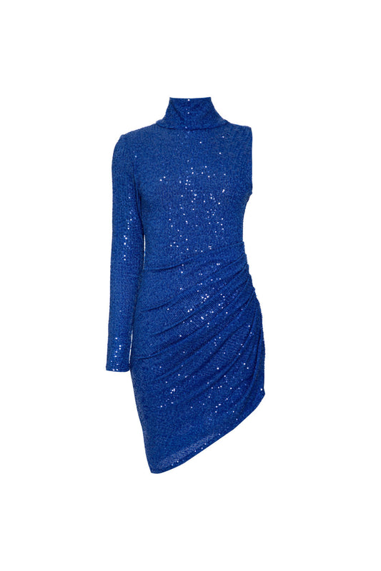 VESTIDO CURTO MANGA ÚNICA PAETÊ DUCHESS AZUL