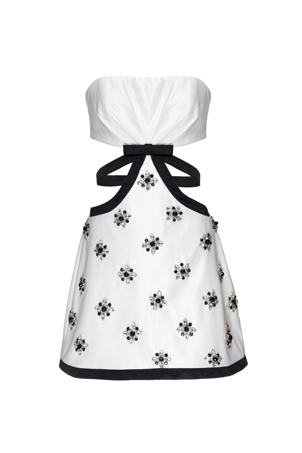 VESTIDO CURTO BICOLOR BORDADO CETIM OFF WHITE E PRETO