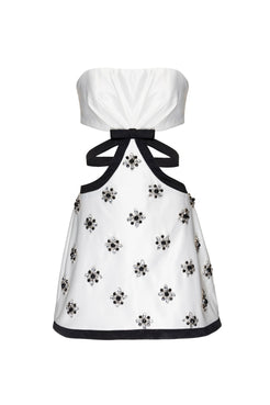 VESTIDO CURTO BICOLOR BORDADO CETIM OFF WHITE E PRETO