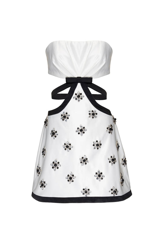 VESTIDO CURTO BICOLOR BORDADO CETIM OFF WHITE E PRETO