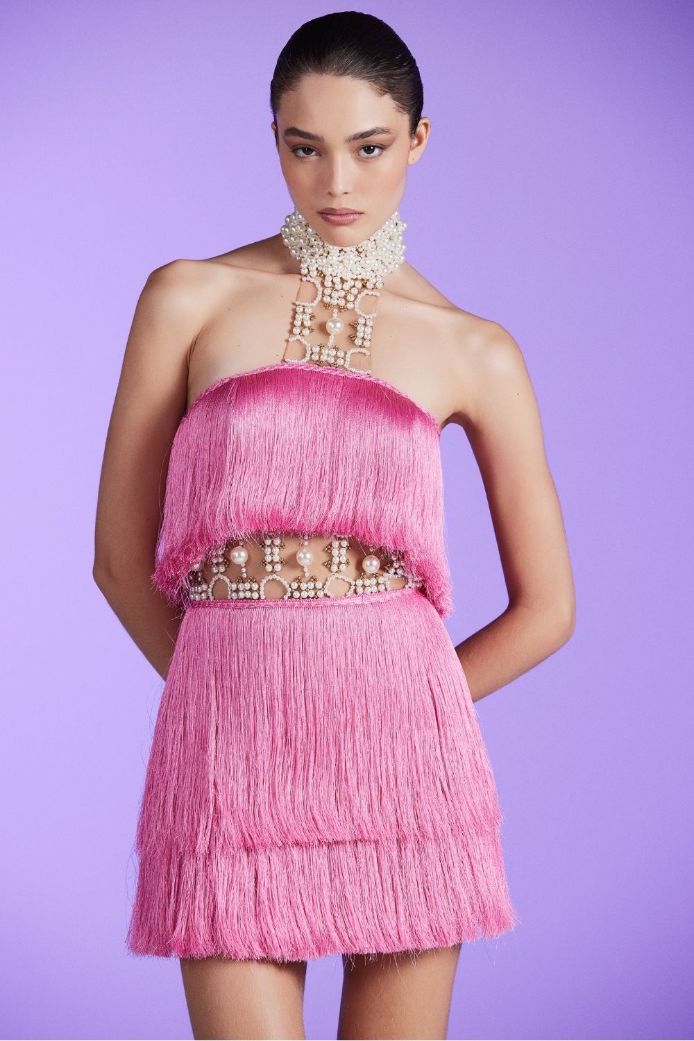 VESTIDO CURTO FRANJAS CETIM ELOISE ROSA