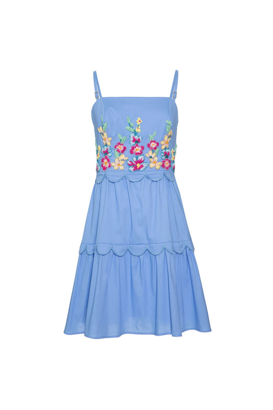 Vestido curto bordado tricoline spencer azul