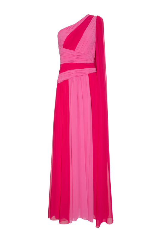 VESTIDO LONGO BICOLOR OMBRO ÚNICO SILKY STARDUST ROSA E PINK
