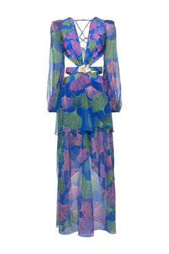 VESTIDO LONGO FIVELA LYCRA MEMORY LEAVES AZUL