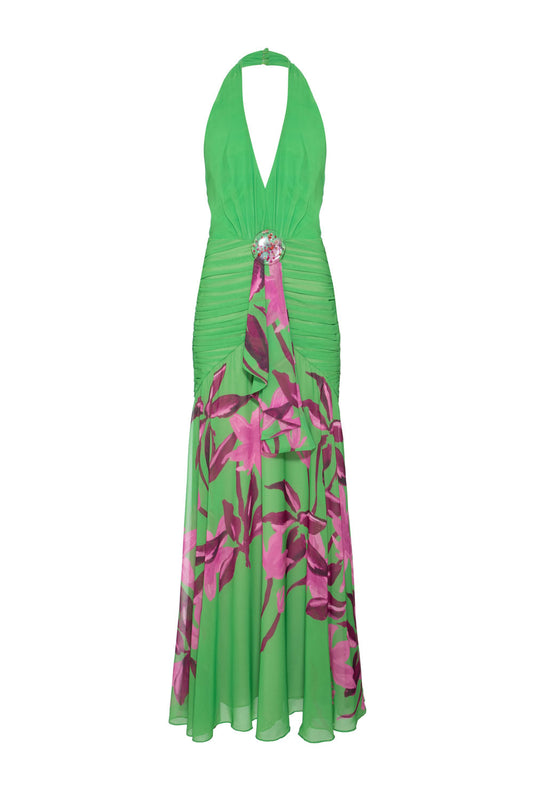 VESTIDO LONGO FRENTE ÚNICA FLORAL VICTÓRIA VERDE