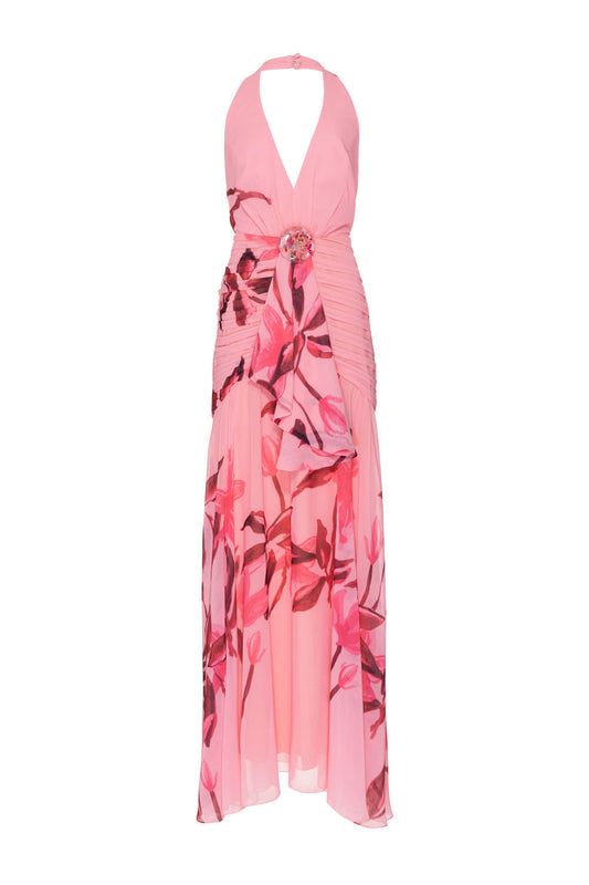 Vestido longo frente única floral victória rosa