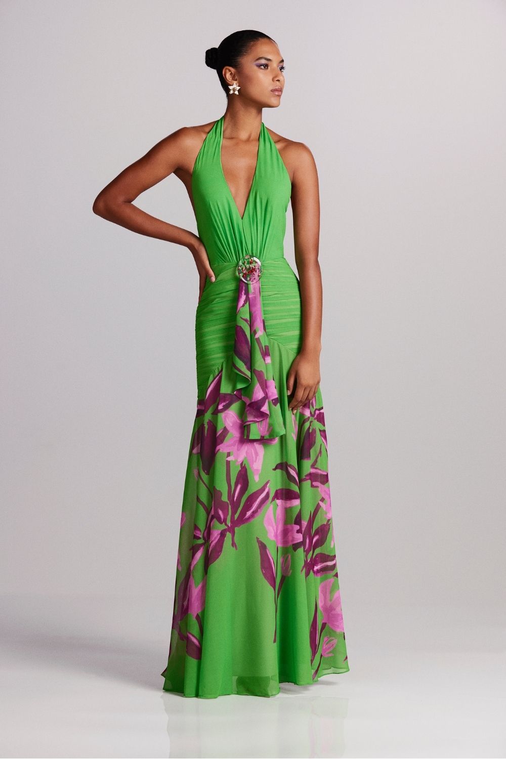 VESTIDO LONGO FRENTE ÚNICA FLORAL VICTÓRIA VERDE