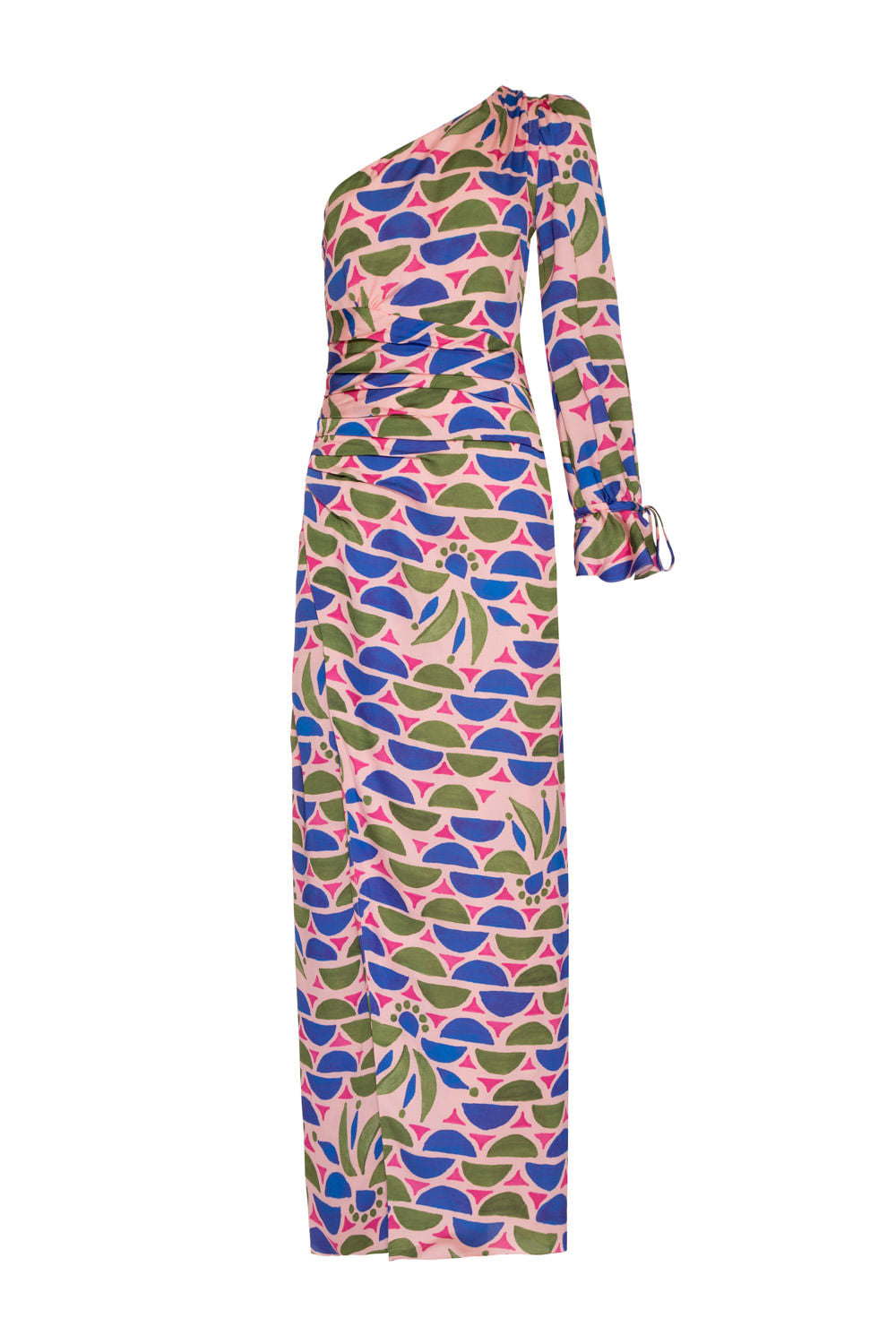 VESTIDO LONGO MANGA ÚNICA CETIM GEOMÉTRICO PUNA ROSA