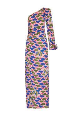 VESTIDO LONGO MANGA ÚNICA CETIM GEOMÉTRICO PUNA ROSA