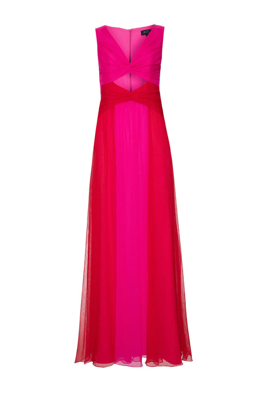 VESTIDO LONGO BICOLOR RECORTES SILKY STARDUST VERMELHO E PINK