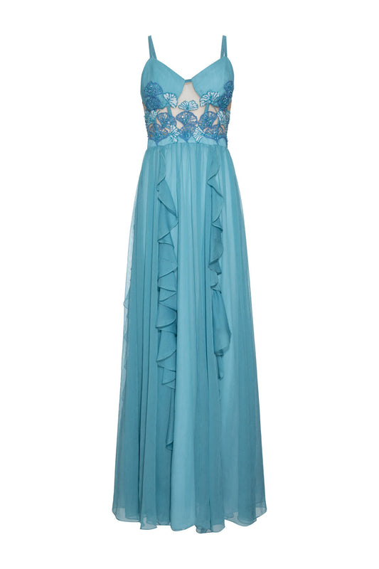 VESTIDO LONGO RECORTES TULE SILKY STARDUST AZUL