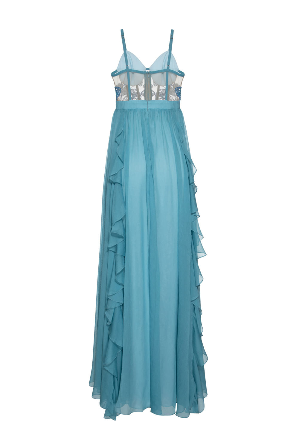 VESTIDO LONGO RECORTES TULE SILKY STARDUST AZUL