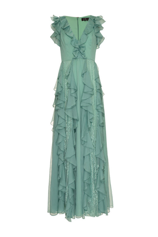 Vestido longo babados renda silky stardust verde