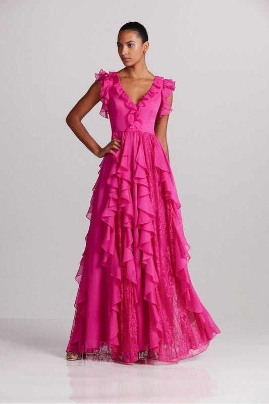 VESTIDO LONGO BABADOS RENDA SILKY STARDUST PINK