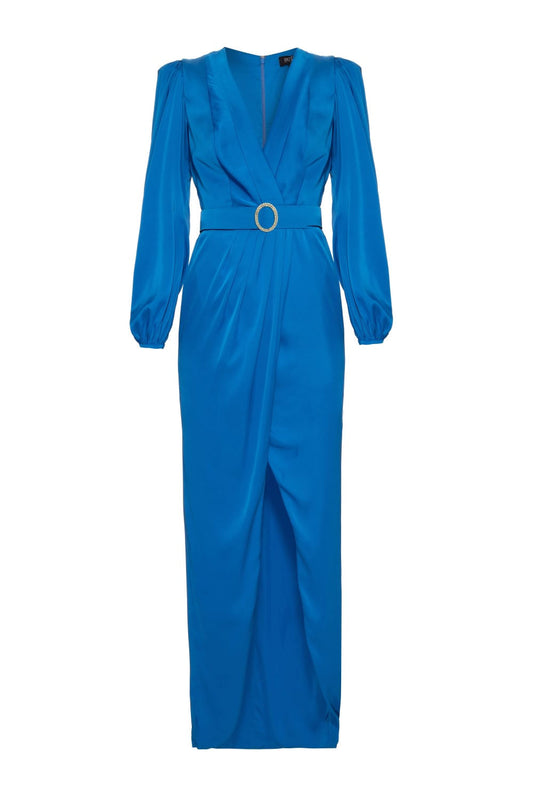 VESTIDO LONGO TRANSPASSADO CETIM ELOISE AZUL