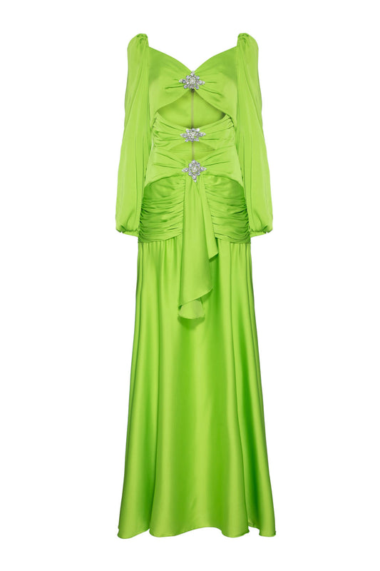 VESTIDO LONGO RECORTES CETIM EUPHORIA VERDE