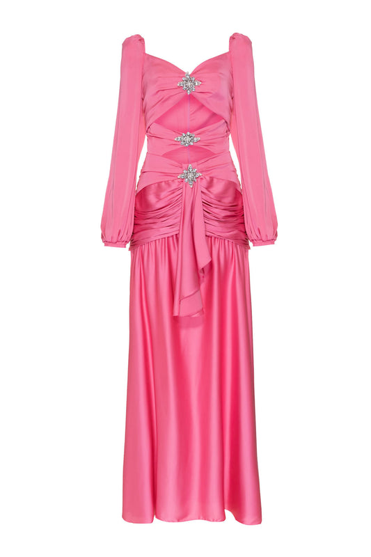 Vestido longo recortes cetim euphoria rosa