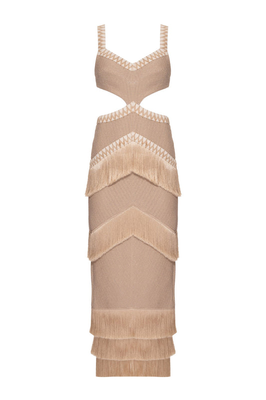 VESTIDO LONGO FRANJAS MALHA EMILLE CRU