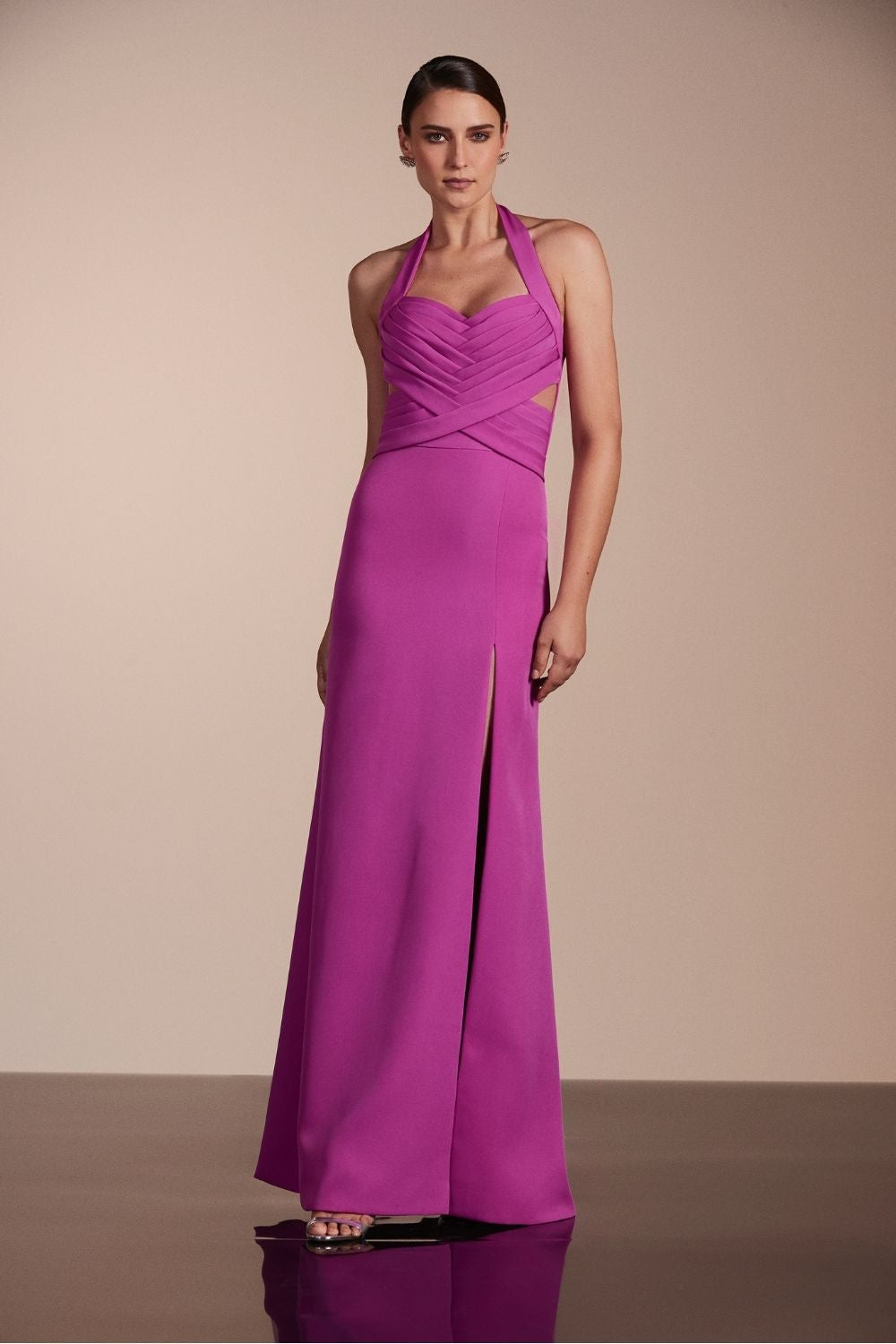 VESTIDO LONGO FRENTE ÚNICA CREPE EDIE FUCSIA