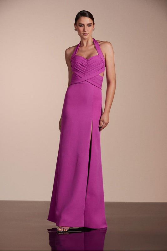 VESTIDO LONGO FRENTE ÚNICA CREPE EDIE FUCSIA