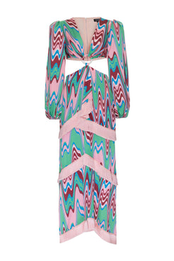 VESTIDO LONGO FRANJAS CETIM WAVES VERDE