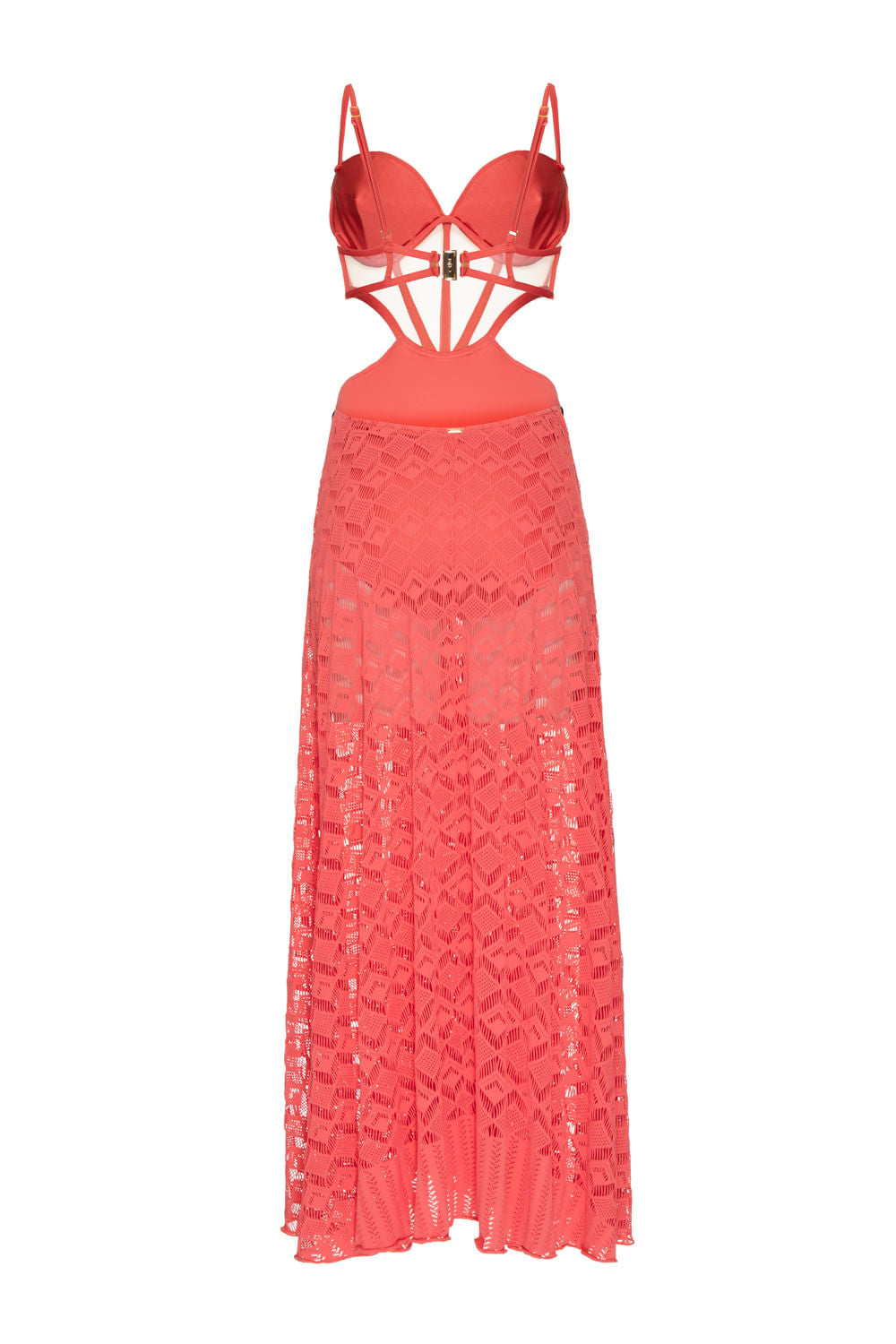 VESTIDO LONGO CORSET TELA GEO LUDIC  CORAL