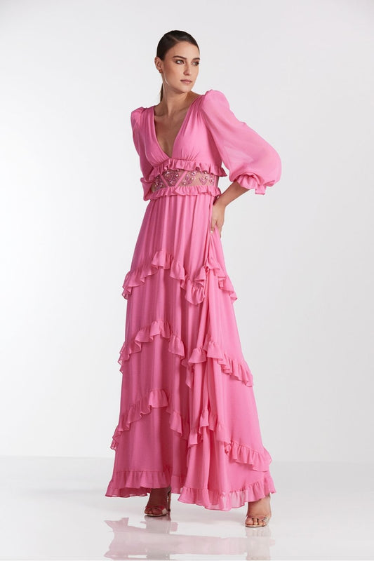 Vestido longo bordado chiffon turner rosa