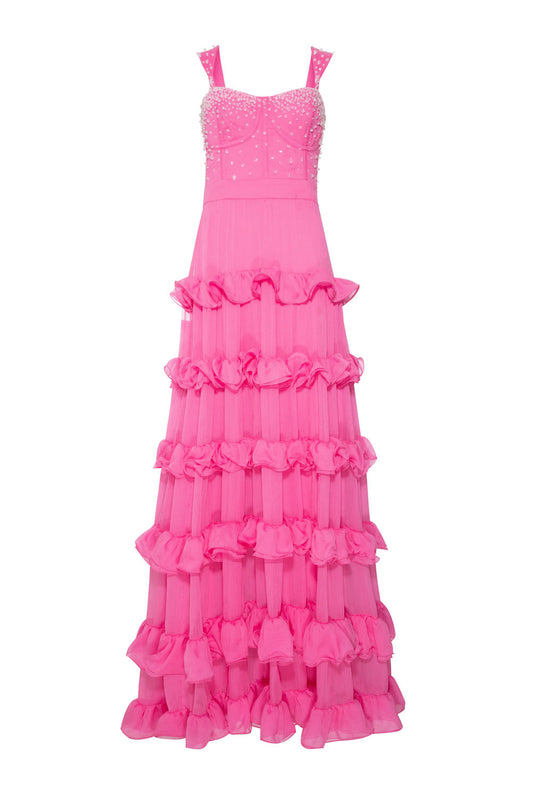 Vestido longo bordado silky sweet lucy rosa