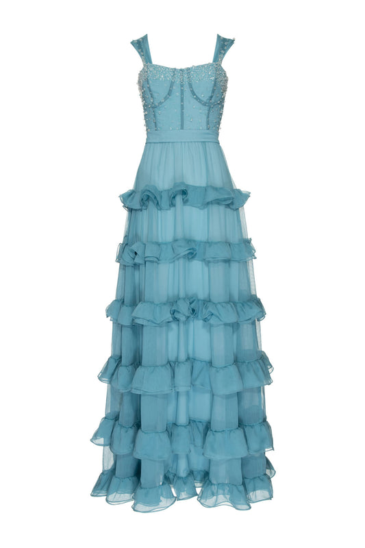 Vestido longo bordado silky sweet lucy azul