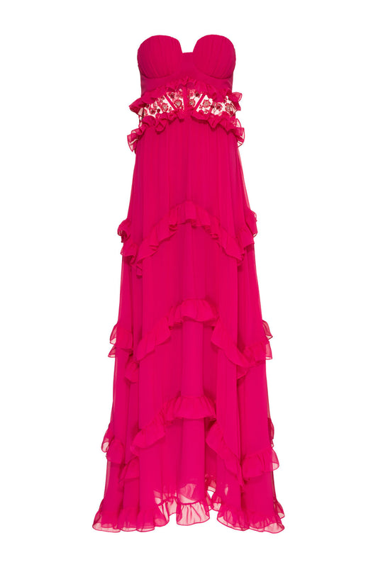 Vestido longo bordado chiffon midnight pink