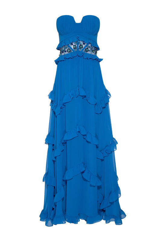 Vestido longo bordado chiffon midnight azul