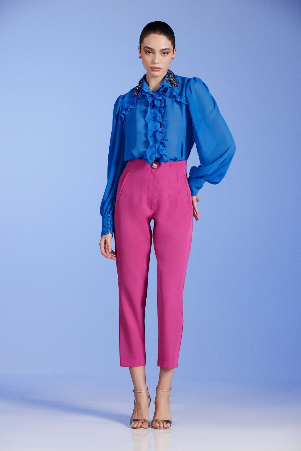 Vestido longo bordado chiffon midnight pink