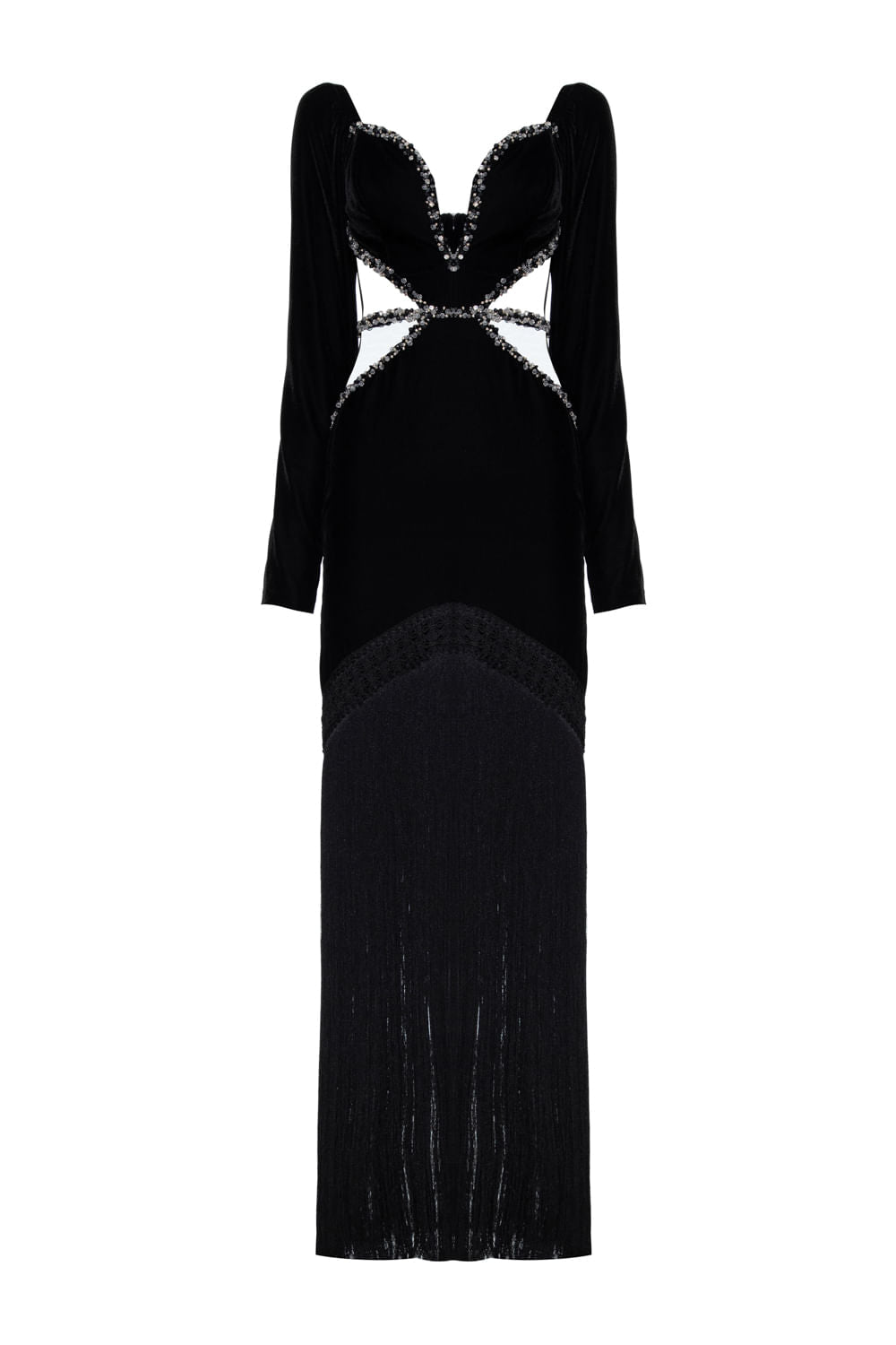 Vestido longo recortes bordado veludo eve preto