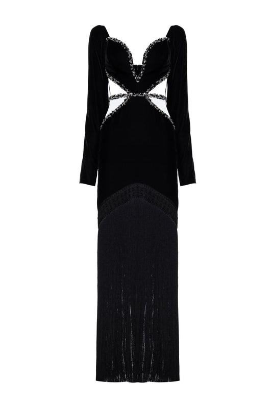 Vestido longo recortes bordado veludo eve preto