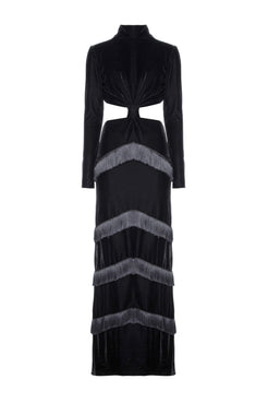 VESTIDO LONGO FRANJAS VELUDO EVE PRETO