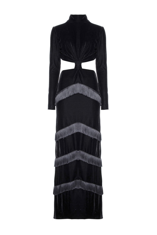 VESTIDO LONGO FRANJAS VELUDO EVE PRETO