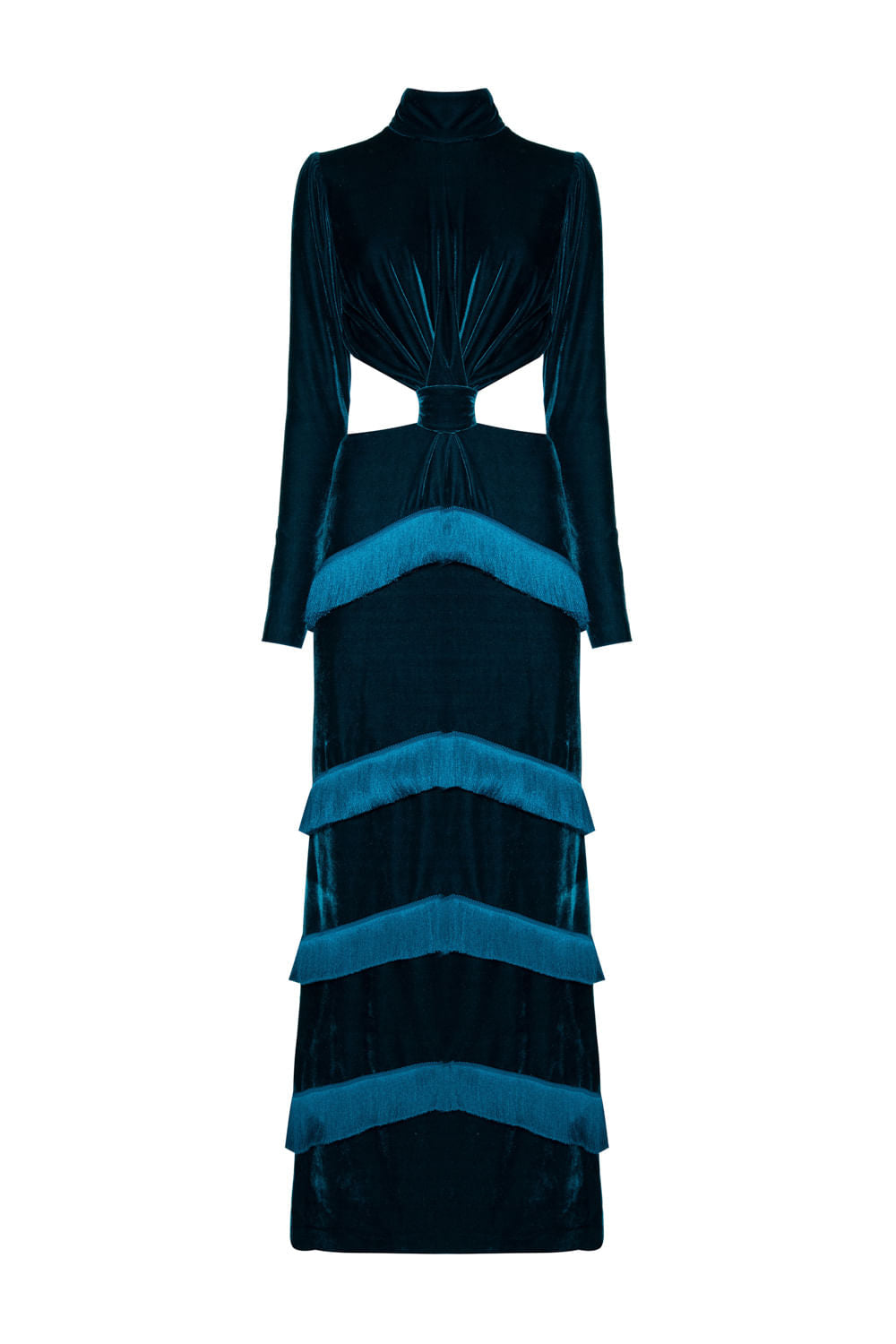 VESTIDO LONGO FRANJAS VELUDO EVE AZUL