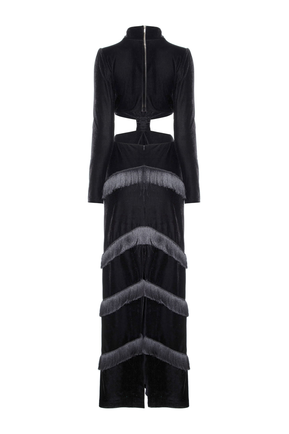 VESTIDO LONGO FRANJAS VELUDO EVE PRETO