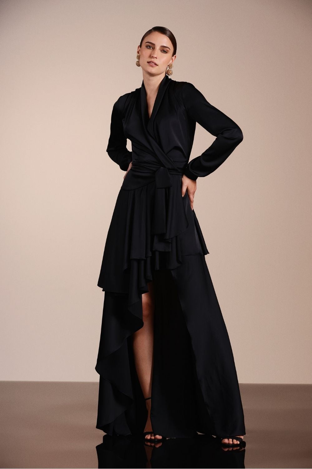 VESTIDO LONGO TRANSPASSADO CETIM EUPHORIA PRETO
