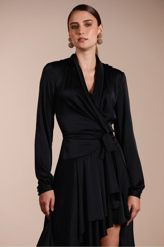 VESTIDO LONGO TRANSPASSADO CETIM EUPHORIA PRETO