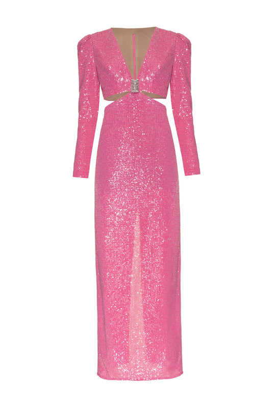 Vestido longo mangas paetê duchess rosa