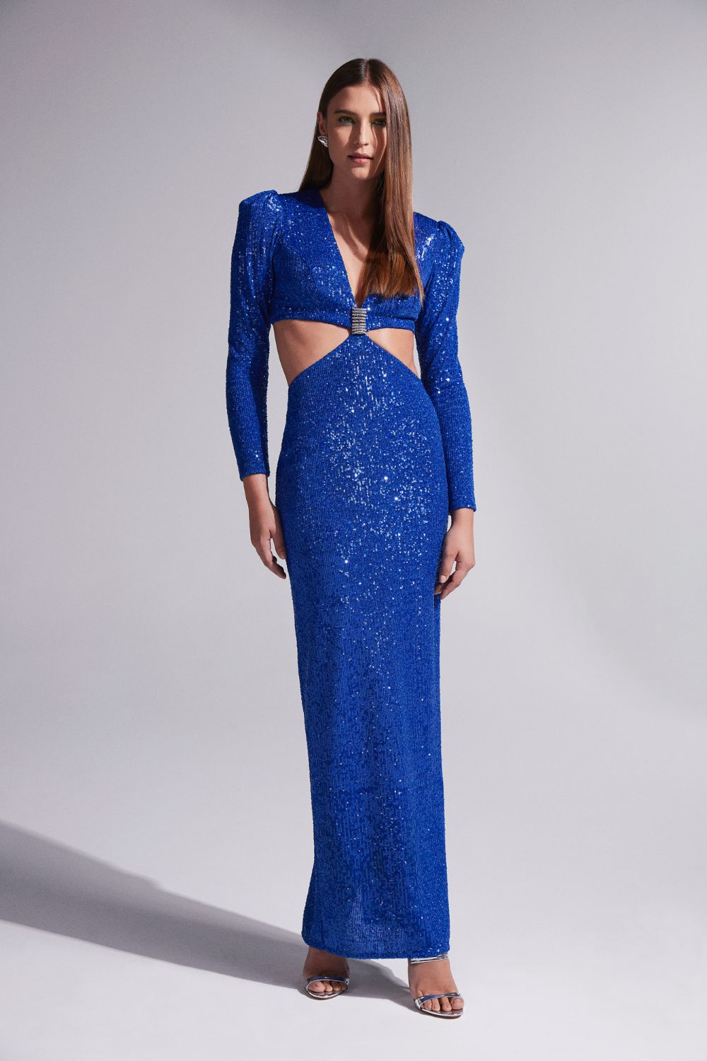 VESTIDO LONGO MANGAS PAETÊ DUCHESS AZUL