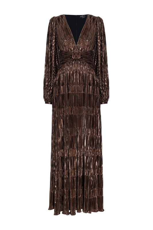 VESTIDO LONGO PLISSADO LUREX DIXIE DOURADO