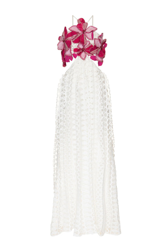VESTIDO LONGO RENDA FLOR BORDADA OFF WHITE