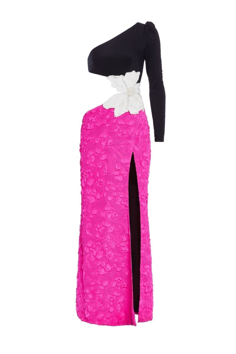 VESTIDO LONGO BICOLOR FLOR BORDADA PRETO E PINK