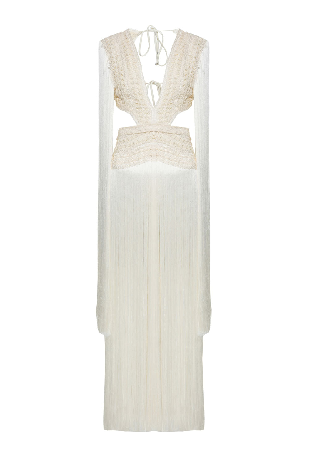 VESTIDO LONGO MANGAS FRANJAS CETIM ELOISE OFF WHITE