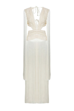 VESTIDO LONGO MANGAS FRANJAS CETIM ELOISE OFF WHITE